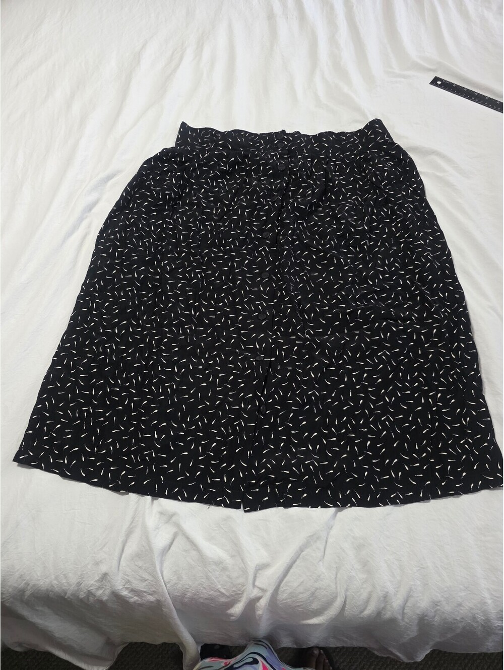 Vintage Black & White Print Button-Front Midi Skirt